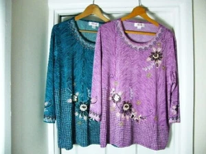 AFIBEL X 2 TOPS SIZE 20+ JADE & LILAC PINK FLORAL SILKY SOFT GOLD DETAIL - Picture 1 of 16