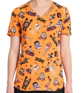 NWT scrubstar Halloween Scrub Top, Fright Friends- Pumpkins, Skeleton Women's M - Picture 1 of 4