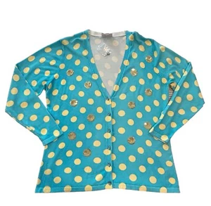 QUACKER FACTORY Polka Dot & Sequin Button-up V- Neck Cardigan Blue NWOT - Picture 1 of 9