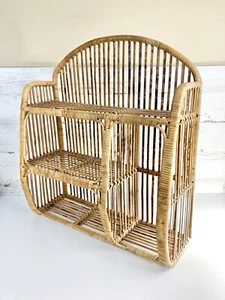 60s Burnt Bamboo Tortoise Shell Wall Cubby Shelf 21" Tiki Boho Wicker Rattan - Picture 1 of 3