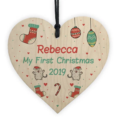 Personalised Babys 1st Christmas Bauble Tree Decor Wood Heart New Baby Gift - Image 1 of 4