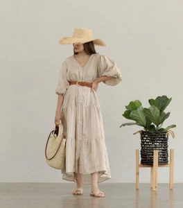 100 % Leinen Mango Kleid fließend Puff Ärmel - Bild 1 von 8