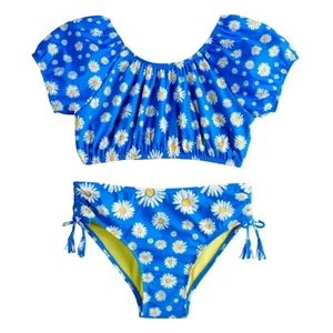 NWT Girls Swimsuit Tankini Bikini 2 Piece Blousan Crop Top Blue Floral Daisy 7 8 - Picture 1 of 2