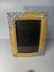 Green Tree Gallery Yellow Enameled & Silver Frame Holds 4”x6” Picture Bejeweled - Picture 1 of 9