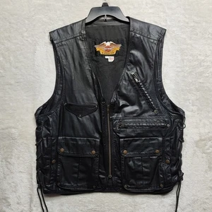 VTG Harley Davidson Mens WILLIE G CARGO Leather Vest XL Laces Talon Zip RARE USA - Picture 1 of 21