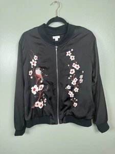 Xhilaration Satin Bomber Jacket Embroidered Bird Flowers Women’s Size X - Picture 1 of 9