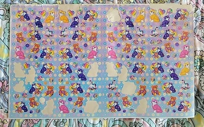 Hoja de pegatinas vintage Y2K Lisa Frank rosa púrpura gato gatitos oso de peluche LEER Foto 1 de 4
