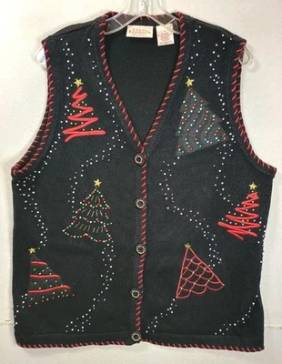 Suéter Chaleco Tejido Bordado Vacaciones Navidad Ediciones Básicas Talla 1X Árboles Negros Foto 1 de 4