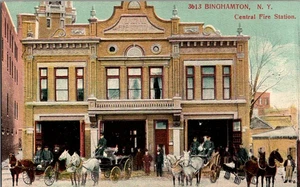 Binghamton NY Central Fire Station Pferd & Wagen Feuerwehrmänner Postkarte A123 - Bild 1 von 2