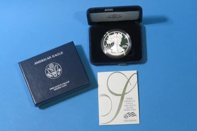 2008 W US MINT American Eagle One Ounce  .999 Silver Proof Coin+Box/Case/COA - Image 1 of 3