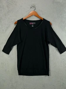 Peck & Peck Womens Petite Small Black Top Beaded Open Shoulder Knit Shirt Blouse - Picture 1 of 8