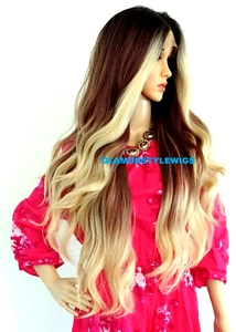 40" Free Part Human Hair Blend Lace Front Wig Long Ombre Brown Caramel Blonde - Picture 1 of 9