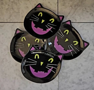 Sorridente Halloween Gatto Nero Antipasto Piatti Ceramica Set di 4 6" di Tracolla - Foto 1 di 2