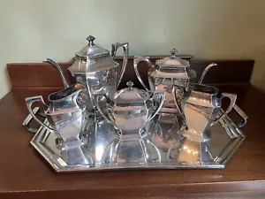 Derby Silverplate Company 6 pc Tea Set. Reed and Barton Tray - Picture 1 of 7