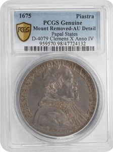 Moneda de Plata Piastra 1675 ESTADOS PAPALES Roma Casa de la Moneda Clemente X Año Santo PCGS AU-Det - Imagen 1 de 3