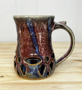 Handmade Ceramic Mug w/ Cutout Design Purple Blue Glazed Pottery Signed Sara - Picture 1 of 10