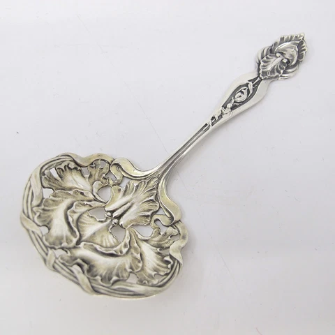 SHIEBLER Sterling Silver Bon Bon Nut Candy Spoon Art Nouveau Floral Bearded Iris Cover