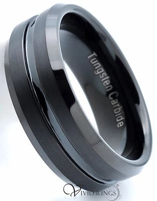 Anillo de boda de carburo de tungsteno para hombre ranura cepillada negro 8 mm tamaño 7,5 - 14,5 Foto 1 de 3