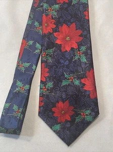 SpecialTies Hallmark Mens Christmas Poinsettias Tie Blue Background - Picture 1 of 5