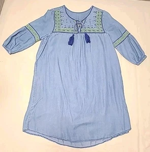 Given Kale Blue Chambray Embroidered Shift Dress Tassel Medium  - Picture 1 of 10