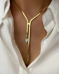 Gold Plated Snake Necklace Lariat Choker – Green Eyes, Rhinestone Inlay - Picture 1 of 9