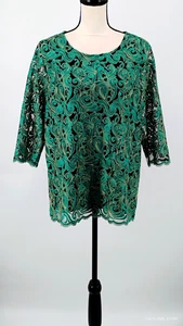 Top tunica CAROLINE ROSE verde smeraldo oro trasparente ricamato nero foderato MP - Foto 1 di 22