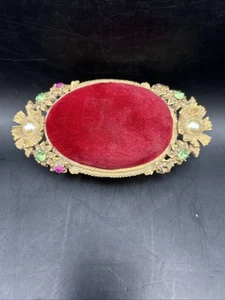 Vtg Rhinestone, Red Velvet Pin Cushion Box Floral Florenza 1950's BB22 - Picture 1 of 7