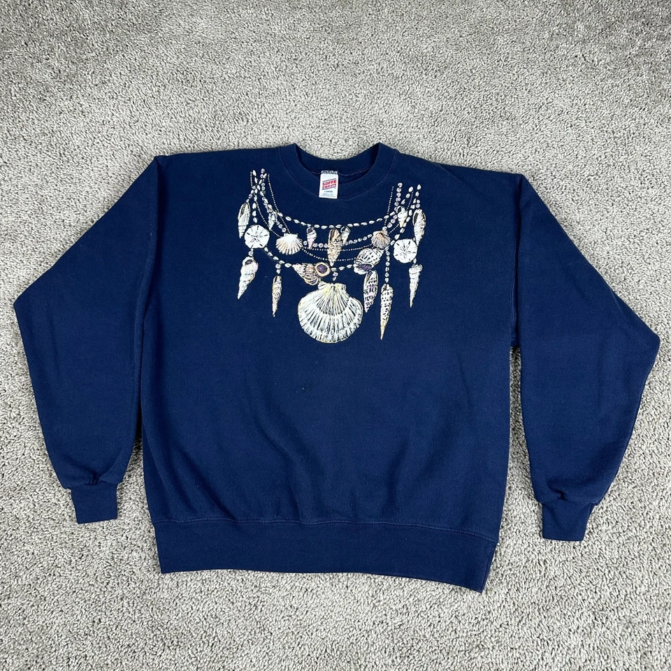 Винтажный морской ракушки толстовка женщин большой синий ожерелье печать Crewneck кофе - Изображение 1 из 4