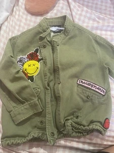 Zara Girls RARE Peanuts Snoopy  Back Green Military Denim Jacket Youth 6 Good Co - Picture 1 of 3