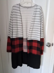 Women's Plaid Striped Patchwork Open Front Long Sleeve Cardigan Sz L - Picture 1 of 3