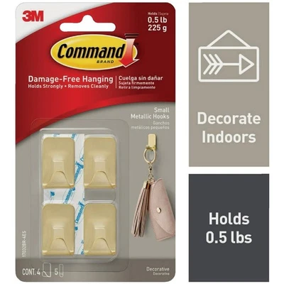 Command Small Metallic Brass Decorative Hook, 4 Hooks, 5 Strips 17032BR-4ES - Image 1 of 4