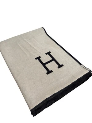 HERMES- Black & Beige Silk/Wool Monogram LOGO Fringe 72" Rectangle Scarf - Image 1 of 3