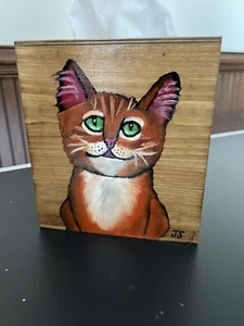 Hand Painted Tissue Box Cover Orange Tabby Cat Wood Box- Paw Prints - Picture 1 of 10