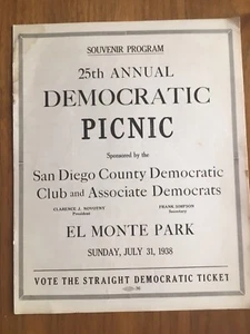 Programma souvenir picnic democratico vintage 1938 San Diego El Monte Park - Foto 1 di 3