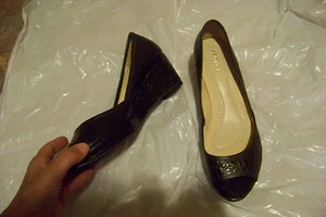 womens all black brown leather skin print open toe wedge heels shoes size 39 - Picture 1 of 1