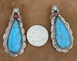 Vintage Native Navajo Sterling Monroe Ashley Turquoise Stamped Pierced Earrings - Picture 1 of 13