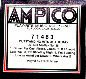 AMPICO Recort ÉXITOS SOBRESALIENTES DEL DÍA Fcx Trots No.36 Milne Player Piano Rollo - Imagen 1 de 1