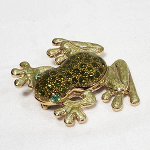 Tree Frog Pin Enameled Green Rhinestones Goldtone Brooch Vintage Claiborne Toad - Picture 1 of 12