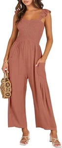 ANRABESS Women Summer Casual Dressy Sleeveless Smocked Wide Leg Linen Jumpsuits - Picture 1 of 21