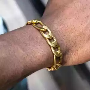 14K Gold Plated Figaro Hip Hop 8" Men's Bracelet 12mm Width Thick Wrist Chain - Picture 1 of 7