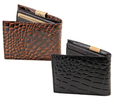 Genuine Leather Mens Croc Print Bifold Wallet Flip Up Card Holder - Image 1 of 4