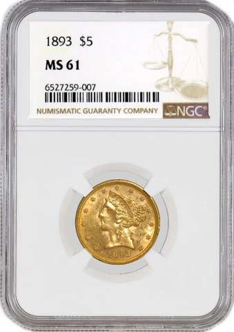 1893 $5 Liberty Head Half Eagle Gold NGC MS61 Uncirculated Coin Cover