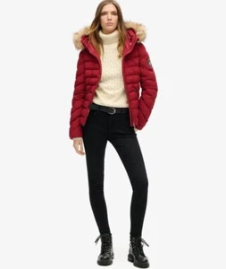 Superdry Fuji Faux Fur Hooded Padded Jacket Size 16 Stanton Red Colour - Picture 1 of 5