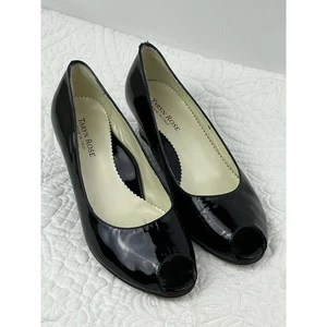 Taryn Rose Womens 36M (5.5 US Size) Black Patent Slip On Wedge Heel Peekaboo Toe - Picture 1 of 9