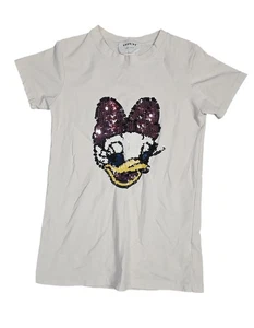 Daisy Duck Shirt Mädchen Medium weiß Pailletten Grafik Kurzarm süß Oberteil - Bild 1 von 4