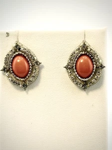Vintage High End Faux Oval Coral Rhinestones Earring Gold Tone - Picture 1 of 4