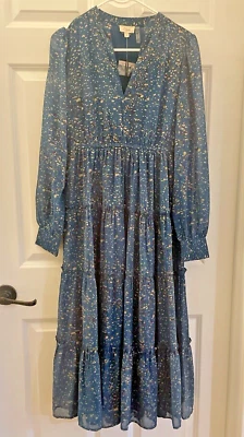 Precioso Maxi Vestido Largo Elan Talla S Estampado Azul Metálico Volantes Cuello en V NUEVO Foto 1 de 4