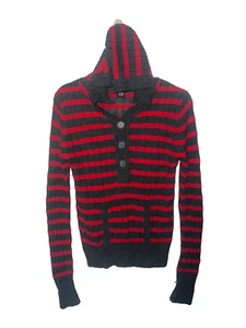 Rue 21 juniors sweater size L stripped gray red hooded long sleeve button - Picture 1 of 7