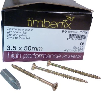 6g 3.5mm x 50mm PREMIUM CUTTER THREAD WOOD SCREWS POZI CSK TIMBERFIX 360 GOLD