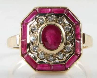 LARGE 9K 9CT GOLD INDIAN RUBY & DIAMOND ART DECO INS OCTAGON RING FREE RESIZE - Image 1 of 4